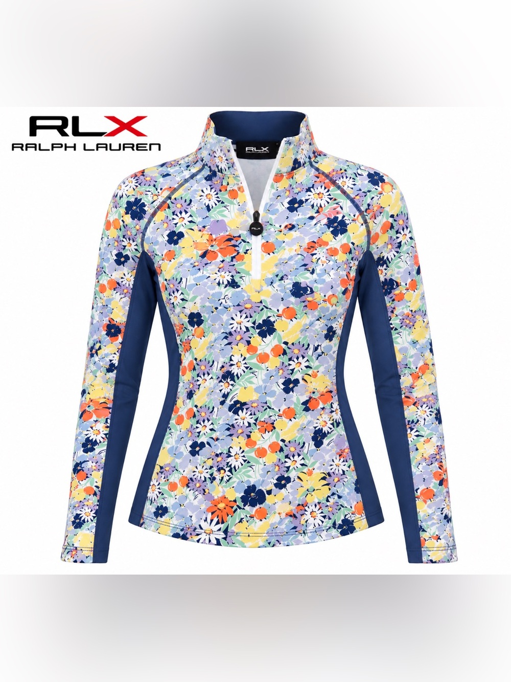 NWT RLX Ralph Lauren Blue Multi Floral Half-Zip Long Sleeve Top